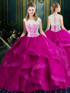 Beautiful Square Lace Sweet 16 Dress Fuchsia Clasp Handle Sleeveless With Brush Train