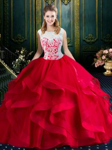Colorful Red Ball Gowns Tulle Square Sleeveless Lace and Ruffles With Train Zipper Quince Ball Gowns Brush Train