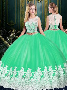 Scoop Apple Green Tulle Zipper Sweet 16 Dress Sleeveless Floor Length Lace and Appliques