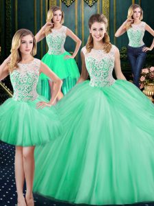 Four Piece Scoop Sleeveless Zipper Floor Length Lace and Pick Ups 15th Birthday Dress