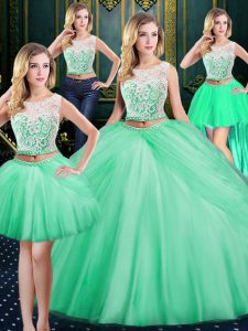Captivating Four Piece Scoop Sleeveless Floor Length Lace and Pick Ups Zipper Sweet 16 Dresses with Apple Green
