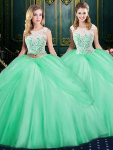 Beauteous Scoop Apple Green Tulle Zipper Sweet 16 Dress Sleeveless Floor Length Lace and Pick Ups