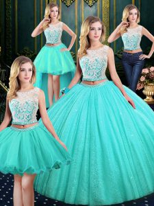 Fantastic Four Piece Blue Tulle and Sequined Lace Up Scoop Sleeveless Floor Length Quinceanera Gown Lace and Sequins