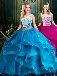 Classical Scoop Sleeveless Tulle With Brush Train Zipper 15th Birthday Dress in Baby Blue with Lace and Ruffles