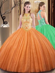 Traditional Embroidery and Hand Made Flower Sweet 16 Dresses Orange Backless Sleeveless Floor Length