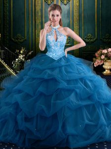 Halter Top Sleeveless Sweet 16 Dress Floor Length Beading and Pick Ups Navy Blue Tulle