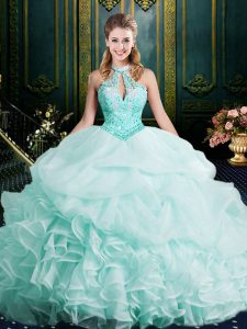 Fashion Halter Top Sleeveless Organza Sweet 16 Quinceanera Dress with Wigs Beading and Lace and Ruffles Brush Train Clasp Handle