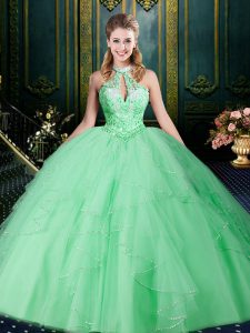 Apple Green 15 Quinceanera Dress Military Ball and Sweet 16 and Quinceanera with Beading and Lace and Ruffles and Ruching Halter Top Sleeveless Lace Up