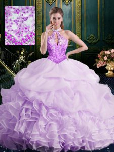Lovely Halter Top Sleeveless Brush Train Beading and Lace and Appliques and Ruffles and Pick Ups Lace Up Ball Gown Prom Dress