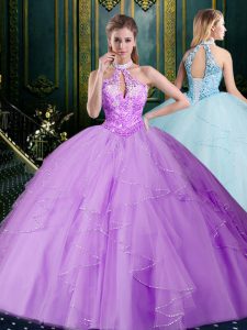 Lavender Halter Top Lace Up Beading and Lace and Ruffles Vestidos de Quinceanera Sleeveless