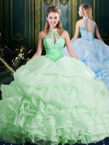 Ball Gown Prom Dress Military Ball and Sweet 16 and Quinceanera with Beading and Lace and Appliques and Ruffles and Pick Ups Halter Top Sleeveless Brush Train Lace Up