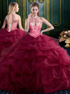 Traditional Wine Red Halter Top Lace Up Beading and Ruffles and Pick Ups Vestidos de Quinceanera Sleeveless