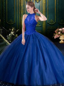 Sleeveless Tulle Floor Length Lace Up Sweet 16 Dresses in Navy Blue with Beading and Appliques