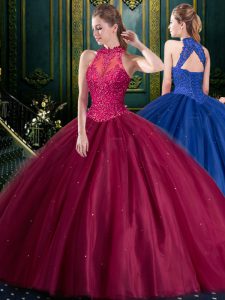 Burgundy Quinceanera Gowns Military Ball and Sweet 16 and Quinceanera with Appliques High-neck Sleeveless Lace Up