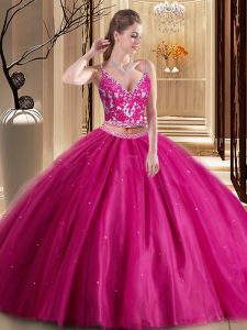 Sophisticated Hot Pink Spaghetti Straps Neckline Beading and Appliques Sweet 16 Quinceanera Dress Sleeveless Lace Up