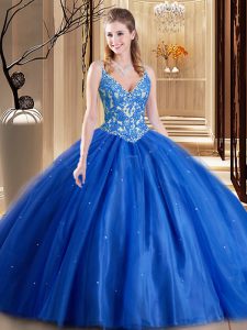 Charming Sleeveless Floor Length Beading and Appliques Lace Up Ball Gown Prom Dress with Blue