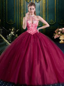 Fashionable Halter Top Burgundy Lace Up High-neck Beading and Lace and Appliques Sweet 16 Dress Tulle Sleeveless