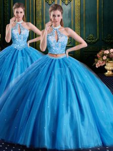 Unique Two Pieces Sweet 16 Dress Baby Blue High-neck Tulle Sleeveless Floor Length Lace Up
