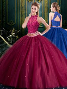 Halter Top Tulle High-neck Sleeveless Lace Up Appliques 15th Birthday Dress in Burgundy