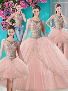 Four Piece Ball Gowns Sweet 16 Dress Peach Scoop Tulle Sleeveless Floor Length Lace Up