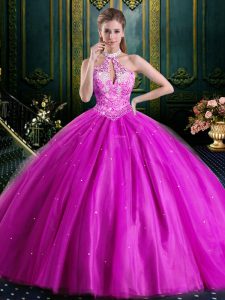 Custom Designed Halter Top Fuchsia Sleeveless Floor Length Beading and Lace and Appliques Lace Up Quinceanera Gowns