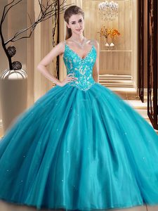 Hot Sale Floor Length Teal Quinceanera Dress Spaghetti Straps Sleeveless Lace Up