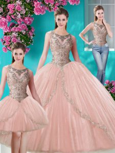 Three Piece Scoop Sleeveless Floor Length Beading and Appliques Lace Up Sweet 16 Dresses with Peach
