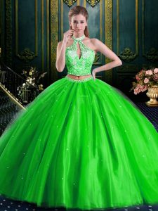 Halter Top Sleeveless Beading and Lace and Appliques Floor Length Quinceanera Dresses