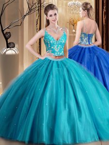 New Style Teal Lace Up Sweet 16 Quinceanera Dress Beading and Lace and Appliques Sleeveless Floor Length