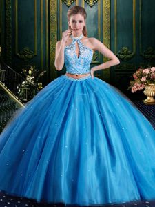 Trendy Halter Top Floor Length Baby Blue Quinceanera Gown High-neck Sleeveless Lace Up