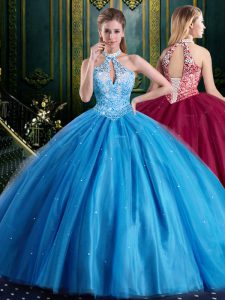 Admirable Halter Top Baby Blue Lace Up High-neck Beading and Lace and Appliques Quinceanera Dresses Tulle Sleeveless