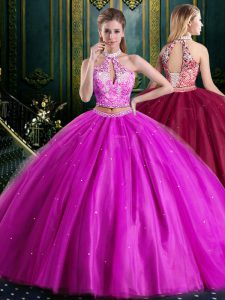 Halter Top Sleeveless Tulle Floor Length Lace Up 15th Birthday Dress in Fuchsia with Beading and Lace and Appliques