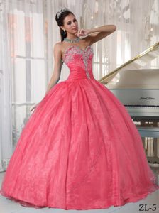 Watermelon Lace-up Organza Luxurious Sweet 16 Dresses with Appliques