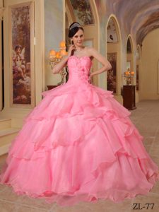 Charming Organza Beaded Watermelon Quinceanera Gowns with Flowers
