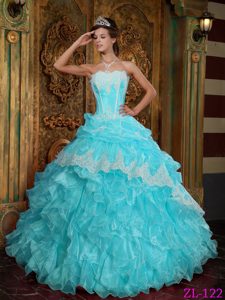 New Strapless Lace-up Ruffled Organza Quinceanera Dresses in Baby Blue