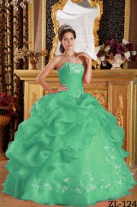 Strapless Embroidered Green Wonderful Sweet 15 Dresses with Pick-ups