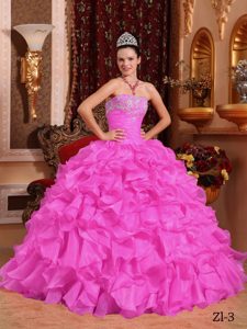 Elegant Organza Beaded Rose Pink Long Quinceanera Gown with Ruffles
