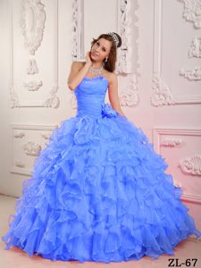 Romantic Beaded Blue Organza Long Dress for Quinceanera with Flowers