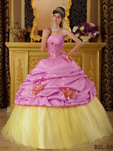 Strapless Pink and Yellow Appliqued Sweet 16 Dresses with Pick-ups and Flowers