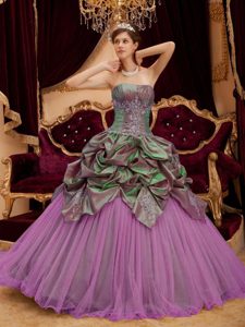Rose Pink Strapless Taffeta and Tulle Dress for Quince with Pick-ups and Appliques