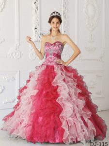 Hot Pink and White Sweetheart Organza Quinceanera Dresses with Ruffles and Zebra