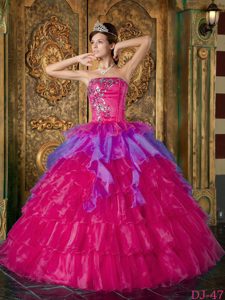 Hot Pink Strapless Floor-length Organza Ruffled Quinceanera Dresses with Appliques