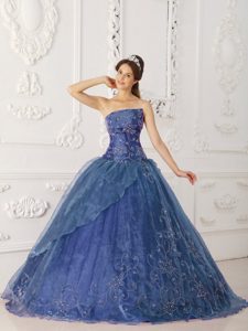 Navy Blue Strapless Organza Ball Gown Quinceanera Dress with Beading for Cheap
