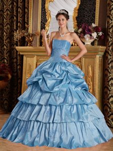 Baby Blue Strapless Appliqued Taffeta Sweet Sixteen Dress with Pick-ups and Layers