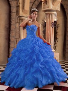 Sky Blue Sweetheart Floor-length Organza Beaded Quinceanera Dresses with Ruffles