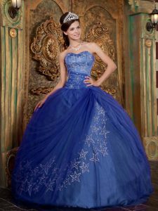 Blue Sweetheart Ball Gown Tulle Sweet 16 Quinceanera Dress with Appliques on Sale