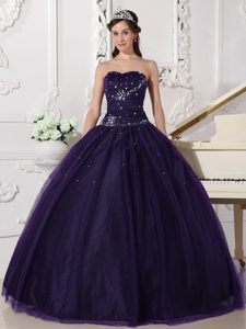 Dark Purple Sweetheart Tulle Ball Gown Quinceanera Dress with Beading for Cheap