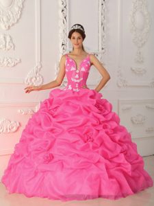 Hot Pink Straps Floor-length Organza Appliqued Quinceanera Dresses with Pick-ups