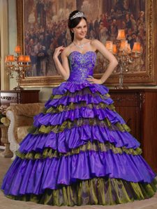 Popular Sweetheart Purple and Green Quinceanera Dress with Appliques and Layers