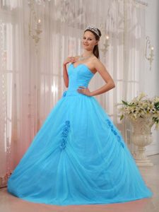 Sweetheart Aqua Blue Tulle Beaded Quinceanera Dresses with Pick-ups and Flowers
